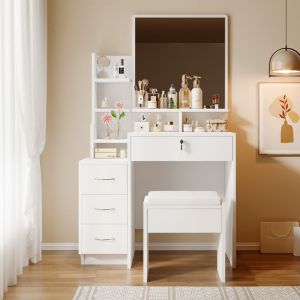 Coiffeuse Blanche Moderne Table Masquillage avec Tabouret Miroir 4 Tiroirs Etagère Rangement Ouvert pr Chambre 87x40x144 cm