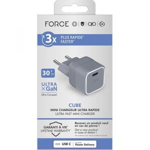 Chargeur USB C - Force Power - Cube 30W - UltraGaN - 100% Plastique Recycl&eacute; - Garantie &agrave; vie