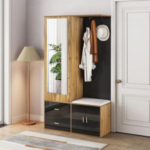 Vestiaire Meuble dentrée Noir+Bois avec miroir armoire à chaussures banc à chaussures avec crochets et cintres coulissants