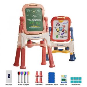 2 en 1 Tableau Enfant24 Accessoires - Tableau Enfant 2 Face: Tableau Blanc et Tableau a Noir pour Enfant Pivotant a 360  Rose