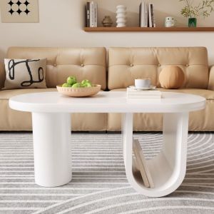 Table basse Ovale Compartiment Rangement Pieds U Style Moderne Meuble Salon Canapé Table 985x535x42cm Blanc Crème