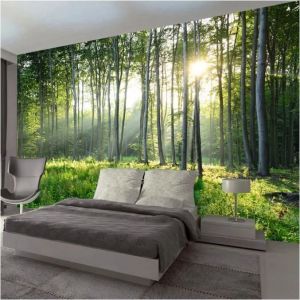 Papier Peint Soie Panoramique 3D Forêt Trompe loeil 250 x 175cm Poster Geant Mural Paysage Nature vertpour Salon Chambre Décor
