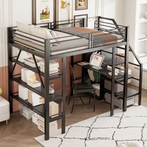 Lit mezzanine 140 x 200cm - Lit adulte  140 x 200cm bureau int&eacute;gr&eacute; armoire et &eacute;tag&egrave;res 3 niveaux structure m&eacute;tal noir