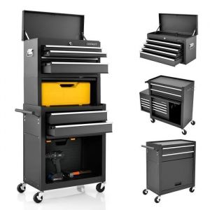 COSTWAY Servante dAtelier Vide Caisse à Outils-avec 6 Tiroirs 2 en 1-Etagère Réglable-Doublure EVA-4 Roues Universelles Noir