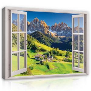 Impression sur Toile Fenêtre Montagnes 3D Effet 120x80 cm XXL Tableau Décoration Murale Intissée pour Salon Chambre pret a accroche