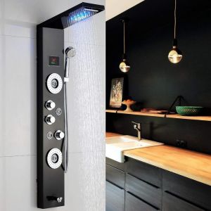 Colonne de Douche Noir Panneau de Douche LED avec Douche &agrave; Main et 5 Jets Hydromassages Syst&egrave;me de Douche