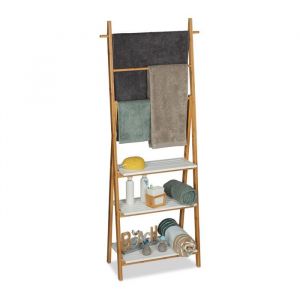 Relaxdays Échelle Porte-serviettes 3 barres surface rangement étagère bambou MDF 150x50x30cm nature blanc