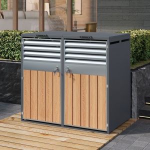 Cache-poubelle Double 132x80x1185cm Abri Poubelle avec Couvercle Hydraulique et Portes Verrouillables - Gris et Aspect Bois