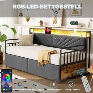 Lit Banquette avec LED et Rangement Canapé-Lit en Métal 90×200 Fauteuil Lit 1 Place pour Adolescent Prise et étagères Gris