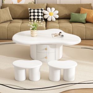 Table basse modernePlateau laqué MDF et 2 tiroirsAvec 2 petits bancsMeuble salon97x67x37cm Blanc