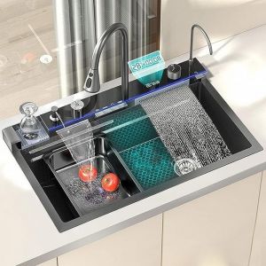 Evier Cuisine Inox Noir 75x46cm Evier De Cuisine 1 Bac Grand Format Avec Robinet Affichage Num&eacute;rique Distributeur De Savon Gobelet