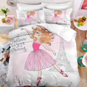 Fille ballerine et tour Eiffel Parure de lit 3 pieces 1 housse de couette 150*200cm et 2 taies doreillers 63*63cm