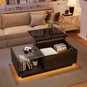 Table Basse Relevable en Hauteur Table Basse Noir Laqué en Verre et Bois Table de Salon avec Rangement et LED 50x100x(33-465)cm