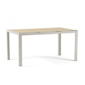 Table rectangulaire Milo d&rsquo;int&eacute;rieur/ext&eacute;rieur en aluminium et verre d&eacute;cor&eacute; 150x90 cm (Bois Blanc)