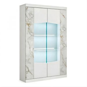 Vitrine 2 portes avec leds laqu&eacute; blanc et imitation marbre - ETOLIS
