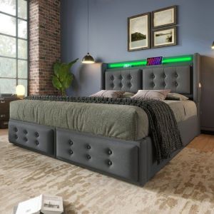 Lit double 180x200 cm avec LED et 2 prises+1 USB+1 Type-C - lit avec sommier &agrave; lattes en bois et cadre en m&eacute;tal - en coton - Gris