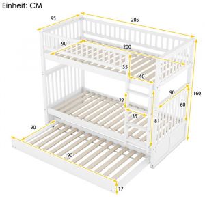 Lits superpos&eacute;s 90*200cm Lits pour enfants Lits superpos&eacute;s triples avec lit extrait Baln&eacute;es hautes Escaliers stables Blanc