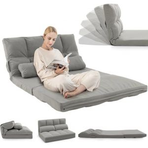 RELAX4LIFE Canap&eacute; Pliable 2 Places en Velours Dossier R&eacute;glable en 6 Positions 2 Oreillers Fauteuil Chauffeuse Charge 150KG Gris