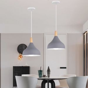 MOGOD LOT DE 2 Lustre Moderne Macaron Gris &Oslash;20cm E27 Luminaire en Metal et Bois - Lampe Suspendue de Salle &agrave; Manger Chambre