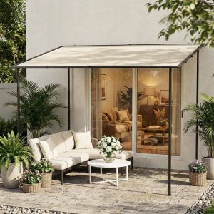 Pergola de jardin pergola adoss&eacute;e tonnelle de jardin avec structure m&eacute;tallique et trous de drainage 3 x 2 m cr&egrave;me