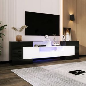 Meuble TV avec Lumi&egrave;res LED Armoire de T&eacute;l&eacute;vision Meuble TV de Salon 4 Portes 2 Tiroirs 200x30x60 cm Style Moderne Noir+Blanc