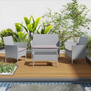Salon de Jardin Extérieur - Ensemble de Mobilier en Résine Tressée - Table et Chaises - 4 Places Pour Terrasse/Jardin/Balcon - Gris