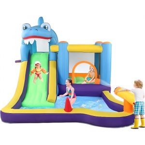 Ch&acirc;teau Gonflable XXL th&egrave;me requin pour Enfant Multifonctionnel Souffleur 550W Toboggan Zone de Saut Mur dEscalade+Tissu
