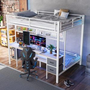 Lit superposés 90/140*200cm avec LED 7 couleurs et USB Lit Coffre avec tiroirs et grille pour lit enfants avec table，metalblanc