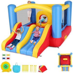 Ch&acirc;teau Gonflable Sportif - Double Toboggan Souffleur  & Obstacles Grande Zone de Saut pour Enfants 3-12 ans Int&eacute;rieur/Ext&eacute;rieur