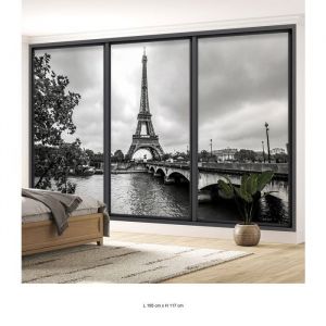 Papier peint panoramique Trompe loeil baie vitr&eacute;e - Lumal&eacute;a - Paris tour eiffel - Largeur 195 cm x Hauteur 117 cm