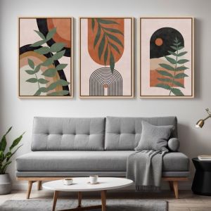 Triptyque Tableaux Botaniques Abstraits Mid-Century Tons Terre &ndash; D&eacute;coration Murale- 41x61cm - cadre flottant
