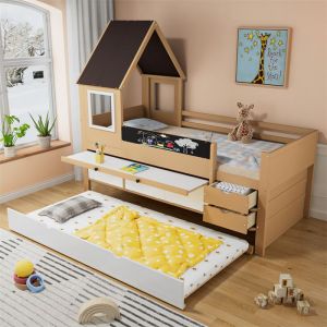 Lit Superposé 2 Places pour Enfant avec Lit Gigogne et TiroirsBureau EscamotableRangementBlanc et NaturelPin90x200cm-90x190cm