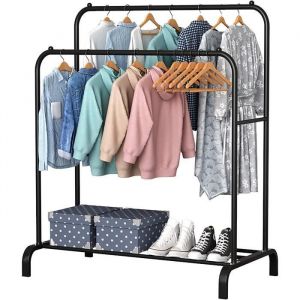 Portant à Vêtement Porte Manteau Penderie sur Pied Cintre Tiges Double avec étagère de Rangement Chaussures 110x55x146cm Noir