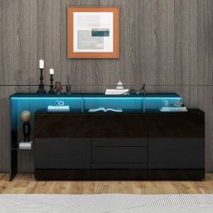 Buffet LED - DREAMMESPACE - 160x35x70cm - 2 portes - 4 tiroirs - Noir laqu&eacute;