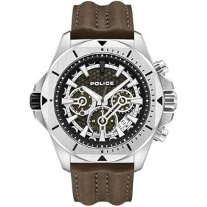 Montre - POLICE - Électrique - Cadran vert kaki - Bracelet cuir marron - Boîtier acier inoxydable