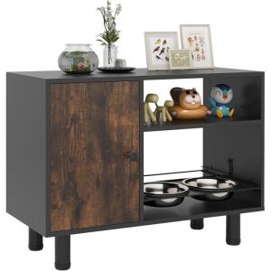 GYMAX Meuble Porte Gamelle & Rangement de Nourriture pour Grand Chien Chat avec Armoire 3 Étagères Plateau Coulissant 2 Bols