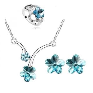 Parure Bijoux - Femme - Fleur - Cristal Autrichien - Turquoise - Plaqué Or Blanc 750/1000 - Bague 52