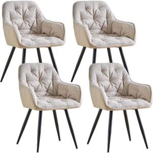 Lot de 4 Chaises de Salle &agrave; Manger avec Accoudoirs - Dossier Nid dAbeille Tissu en Lin Beige - Pieds M&eacute;tal - AINPECCA