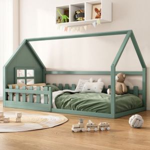 Lit Enfant Lit Plat 90 x 200 cm Lit 1 Personne se Pr&eacute;sente Sous la Forme Unique DUne Maison Lit Cabane avec Garde-Corps Vert