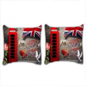 Taies doreillers vintage Mur london et cabine t&eacute;l&eacute;phonique - MOUTON MAISON DECO - 2 pi&egrave;ces 63*63cm - Rouge blanc bleu gris