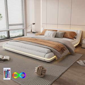 Lit double 160x200 cm - MARQUE - PU et MDF - Tête de lit capitonnée - Éclairage LED - Blanc