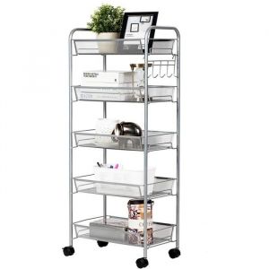 GIANTEX Chariot de Cuisine &agrave; Roulettes avec 5 &Eacute;tages et 5 Crochets - Desserte de Cuisine en M&eacute;tal- 435 x 26 x 104 cm