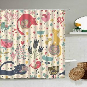 Rideau de douche en tissu polyester imperméable Chats fleurs oiseaux cartoon 180 x 200 cm avec crochets
