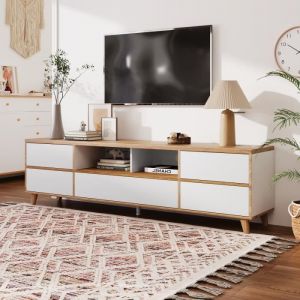 DRIPEX Meuble TV Armoire Salon Blanc-Style Scandinave-5 portes 2 Niche de RangementBuffet bas en bois massif175x37x51cm