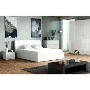 Ensemble chambre VERONA : Lit coffre 160x200 cm commode 3 tiroirs chevets armoire 4 portes blanc brillant