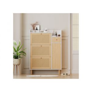 Meuble &agrave; Chaussures 90 cm &ndash; Rattan Naturel + Blanc &ndash; 3 Portes Bascule + 1 Tiroir &ndash; Profondeur 17 cm &ndash; Pieds Bois Massif