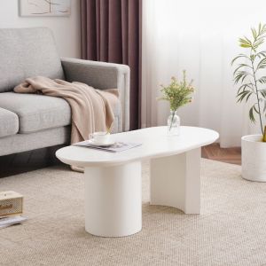 Table Basse Blanche Irrégulière 100cm - MDF Laqué Robuste Plateau Courbe Élégant Design Moderne Et Délicat Pour Salon