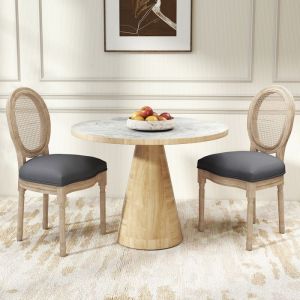 Lot de 2 chaises salle &agrave; mange Chaises bois sculpt&eacute; m&eacute;daillon vintage Style Louis XVI patin&eacute; Dossier cannage Aspect Lin Gris