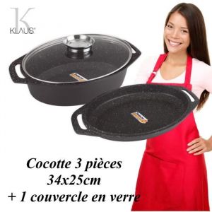 Cocotte - Klaus - Ovale 34x25cm - 35 L - 100% antiadhésif - Revêtement pierre - 3 pièces