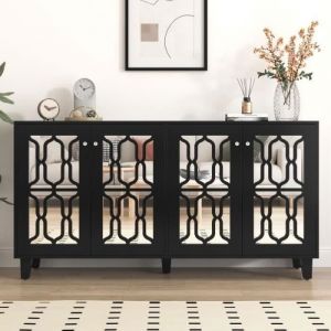 Buffet salle a manger 160 x 40 x 84 cm miroir noir avec poignées en cristal froid buffet haut avec stratifié mobile noir